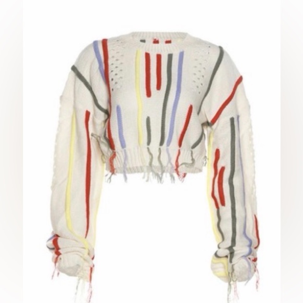 Colorful Distressed Striped Cropped Sweater